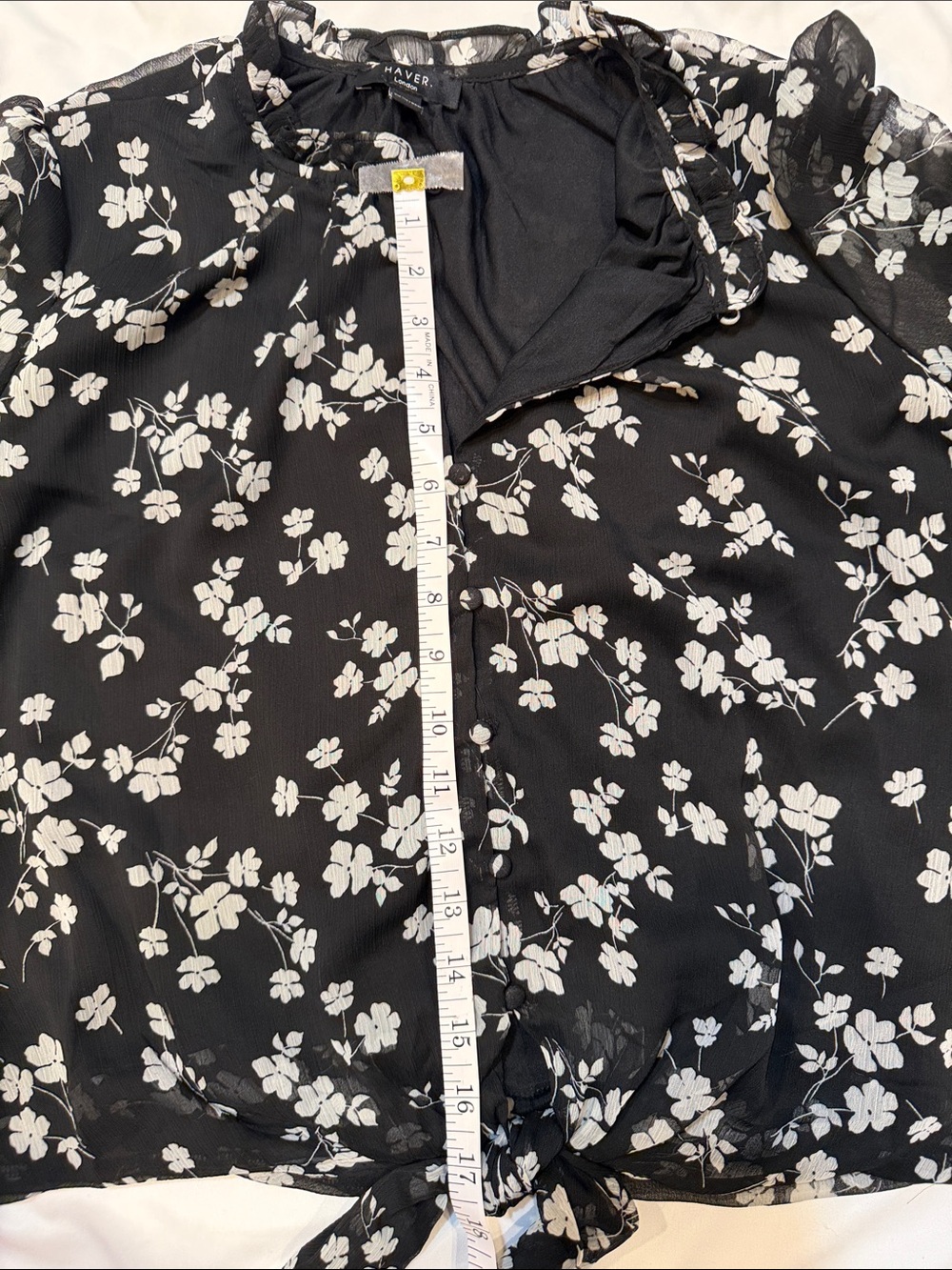 HaverBlack Floral Tie-Front Blouse- Top Button down - V-neck -short sheer sleeve - Picture 11 of 15